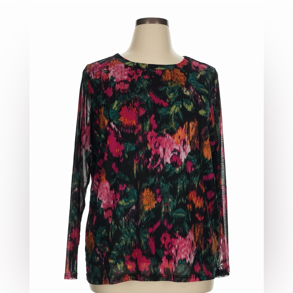 Terra & Sky Black Mesh Long-Sleeve Top with Pink, Green & Orange Abstract Print